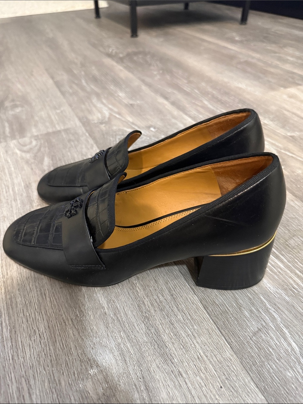 Tory Burch Black Croc-Embossed Leather Block Heel Loafers